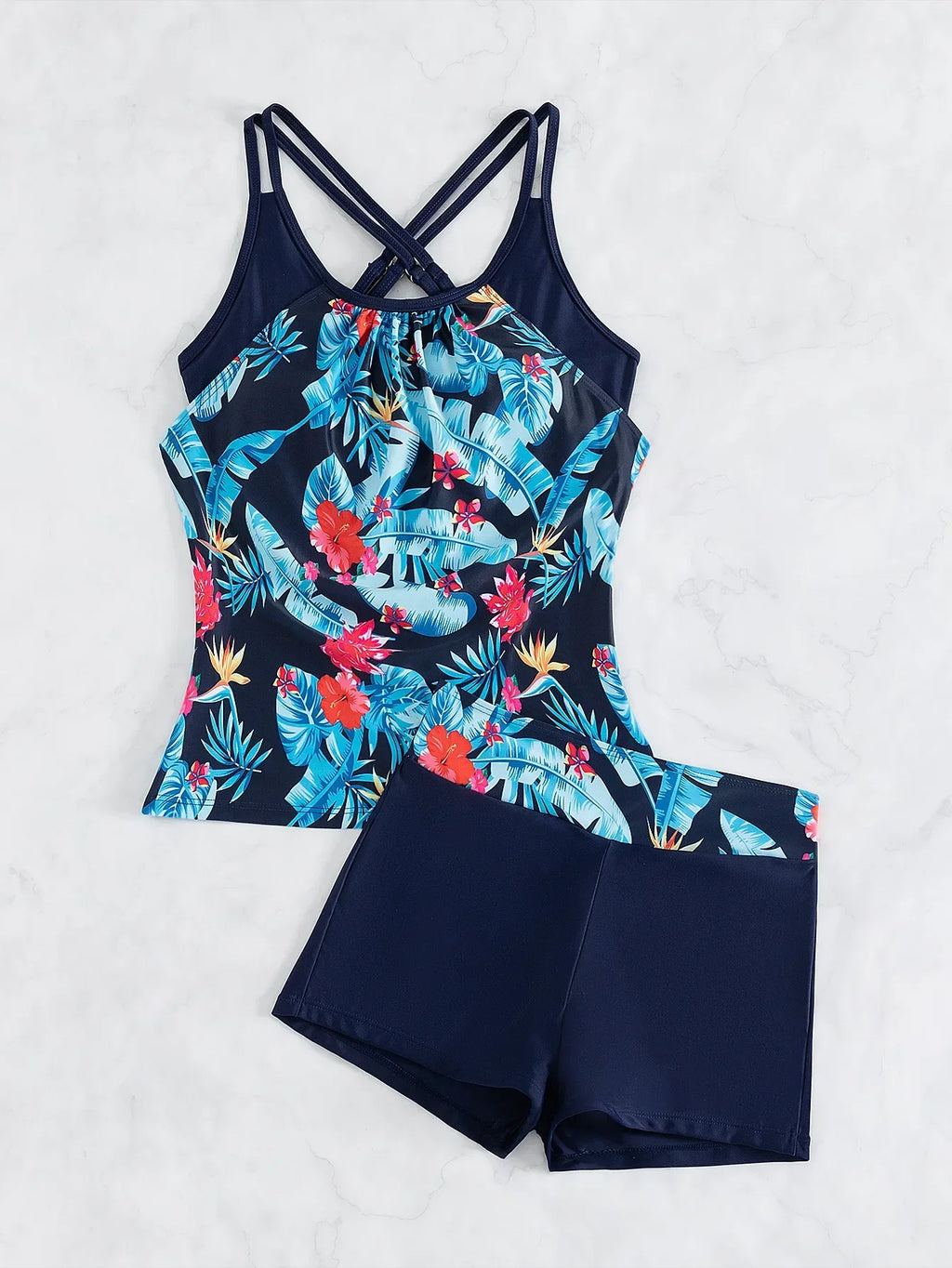 Women's Conservative Two Piece Swimsuit Black Stripe Print Patchwork Crop Top Tankini Set Beach Bathing Suit High Waist Swimwear