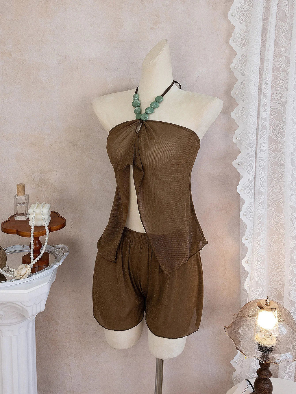 Sexy Coffee Bikini Set 2026 Women Luxury Pearls Strap Cover Up High Waist Short Two Piece Swimsuit Beach Bathing Suit Swimwear