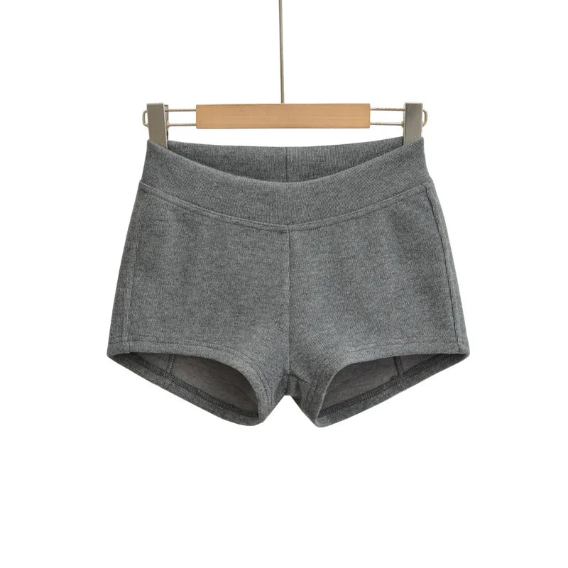 Gray Ribbed Knit Shorts For Women High Elastic Waist Soft Fabric Relaxed Fit Style For Casual Daily Stylish Under Shorts XK6F
