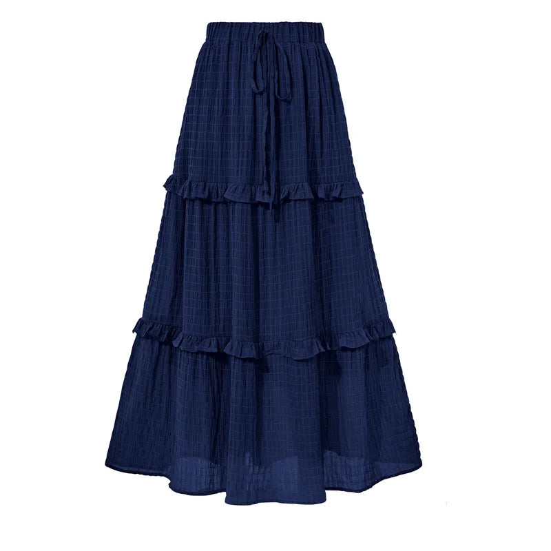 Elegant Women Long Tiered Skirt Summer Autumn Casual Ruffled Shirred Frill Trim Elastic Waist Drawstring A-Line Skirt Streetwear