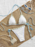 Sexy 3D Floral Bikini Set 2025 Women White Pink Contrast Push Up Bra Tie Side Thong Swimsuit Beach Bathing Suit Micro Swimwear