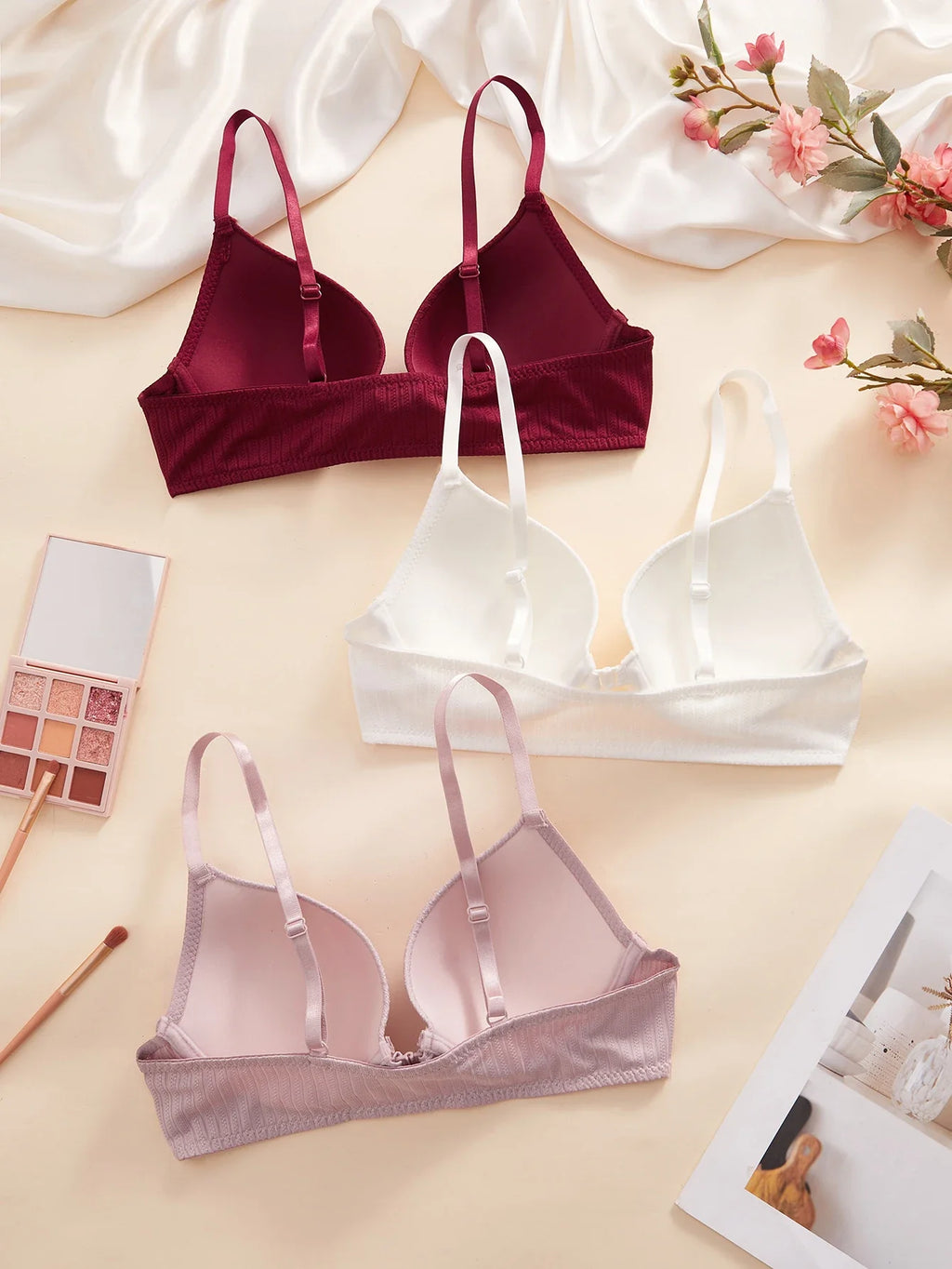 1 3 5Pcs Pure and Simple Everyday Solid Bra Push up Sexy Bras Ribbed Fabric with Unlined Sweet Women's Underwear