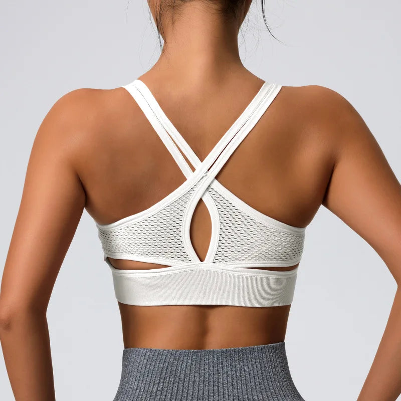 Color-blocked Yoga Top with Cross-straps Yoga Bra Stretchy Comfortable Breathable Sports Vest Wire-free Bra