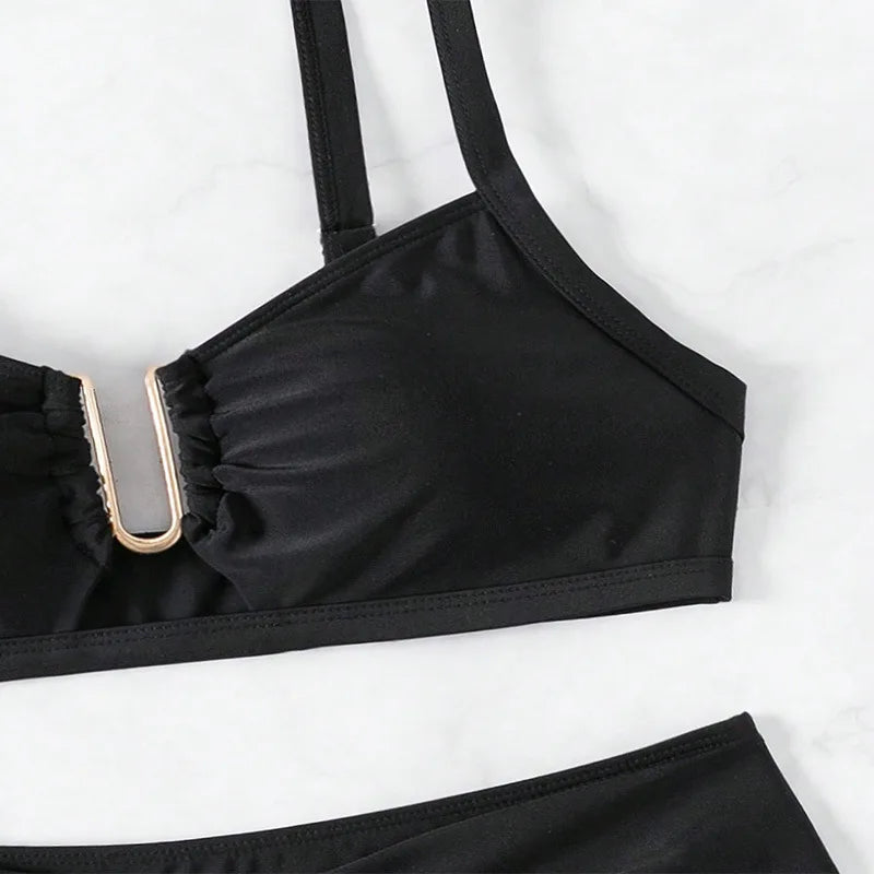 Solid Color High Waist Two Piece Swimsuit for Women U-neck Suspender Backless Bikini Set Beach Vacation Bathing Suit 2025 New