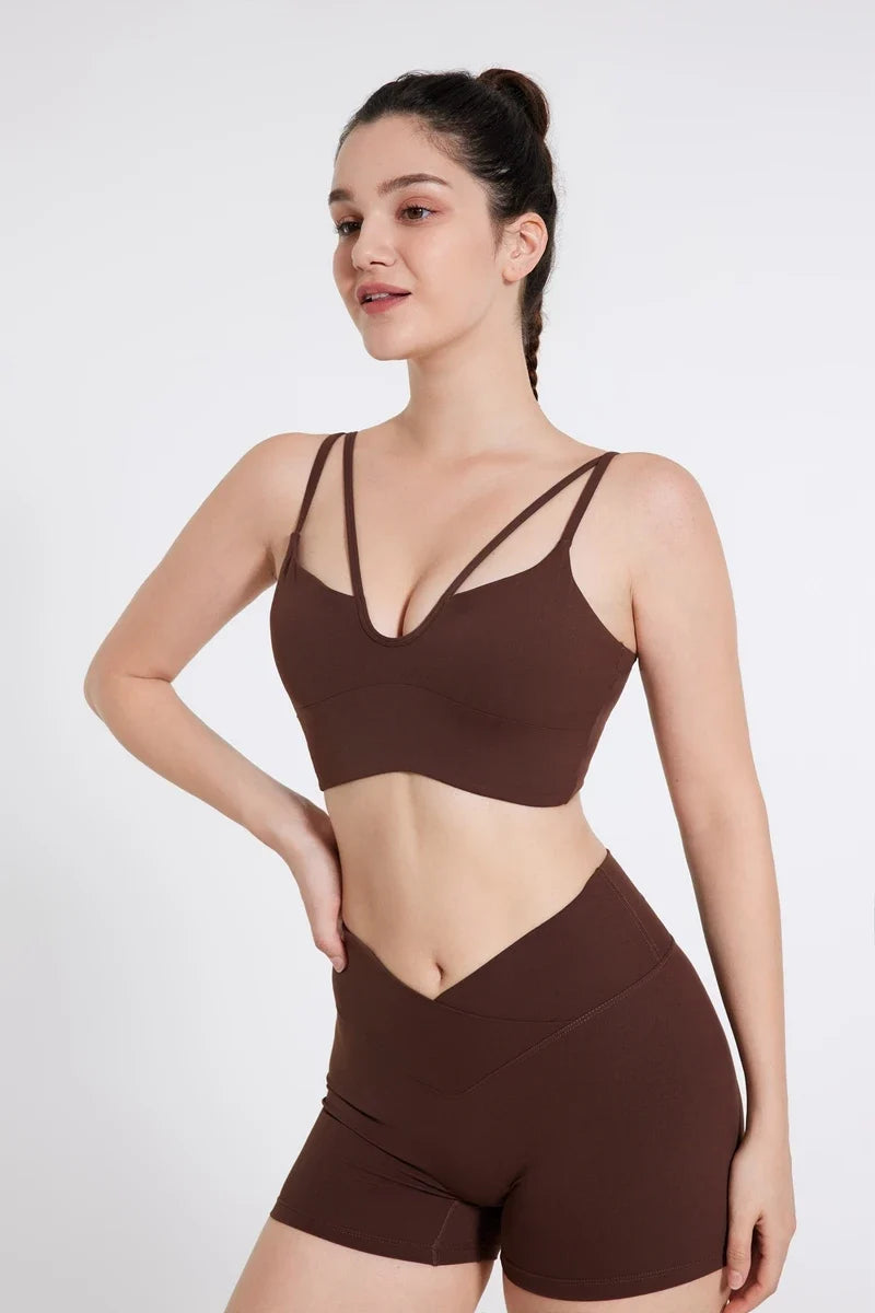 DIAS FIT JOY Women's Double Thin Shoulder Strap Yoga Vest with Chest Mat Sports Underwear V-neck Fitness Bra Yoga Back Beauty