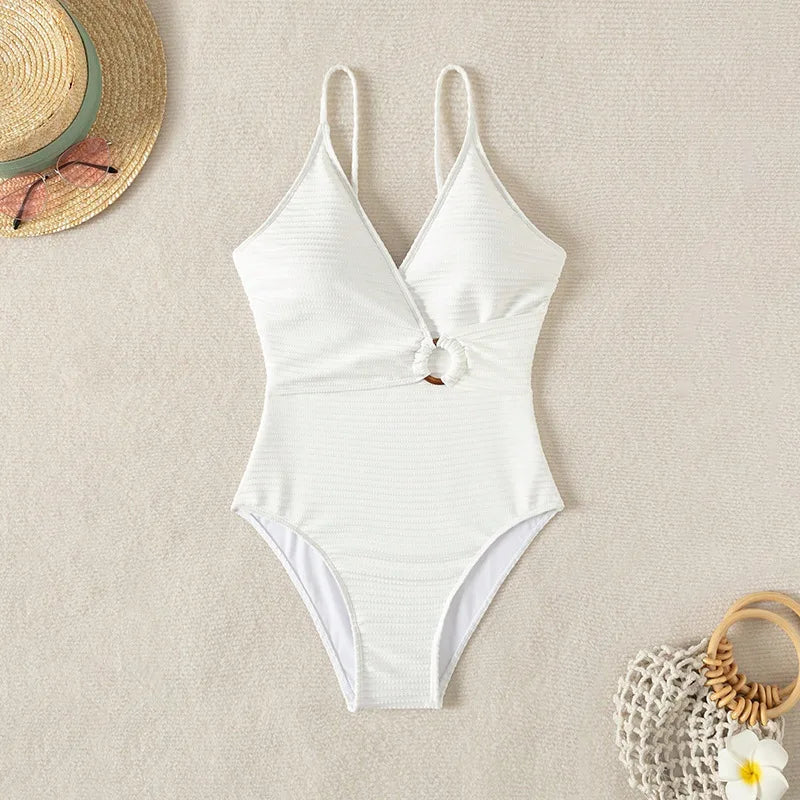 Sexy White Black Swimwear Women 2026 Deep V Neck Hollow Out Ring Linked Slim Fit One Piece Swimsuit Beach Bathing Suit Monokini