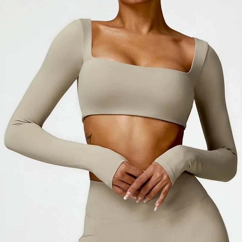 Hearuisavy Summer Casual Quick Dry Sportswear Women Square Neck Gym Top Women Fitness Sports Crop Top Long Sleeve Yoga Clothing