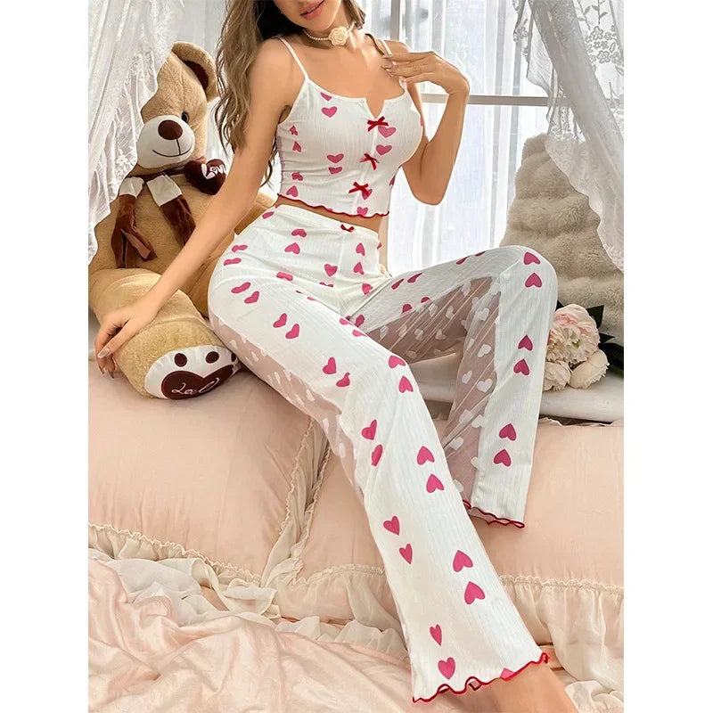 2-Piece Women's Sexy Transparent Mesh Lace Set with Ribbed Printed Strap Top and Pants Home Clothes Pajama Set