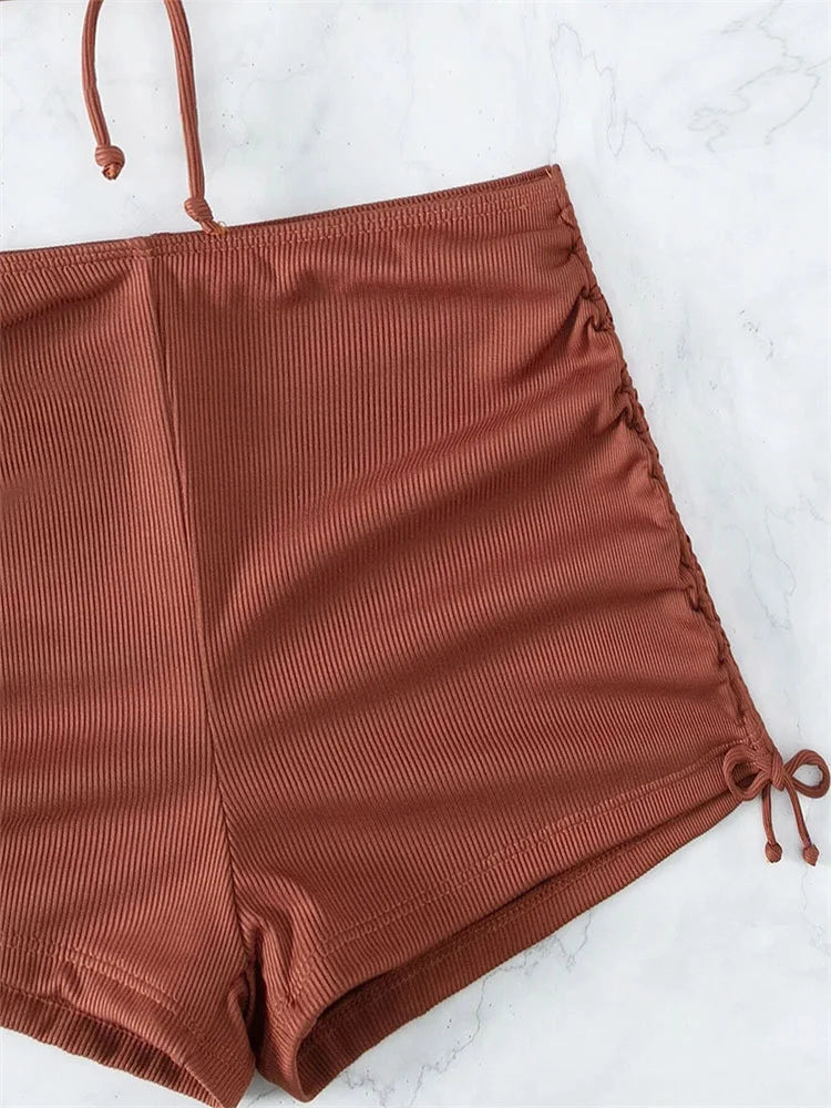 Sexy Ring Linked Pleate Bikini Set Women Brown Cut Out Push Up Two Piece Swimsuit 2024 Bathing Suit High Waist Panties Swimwear