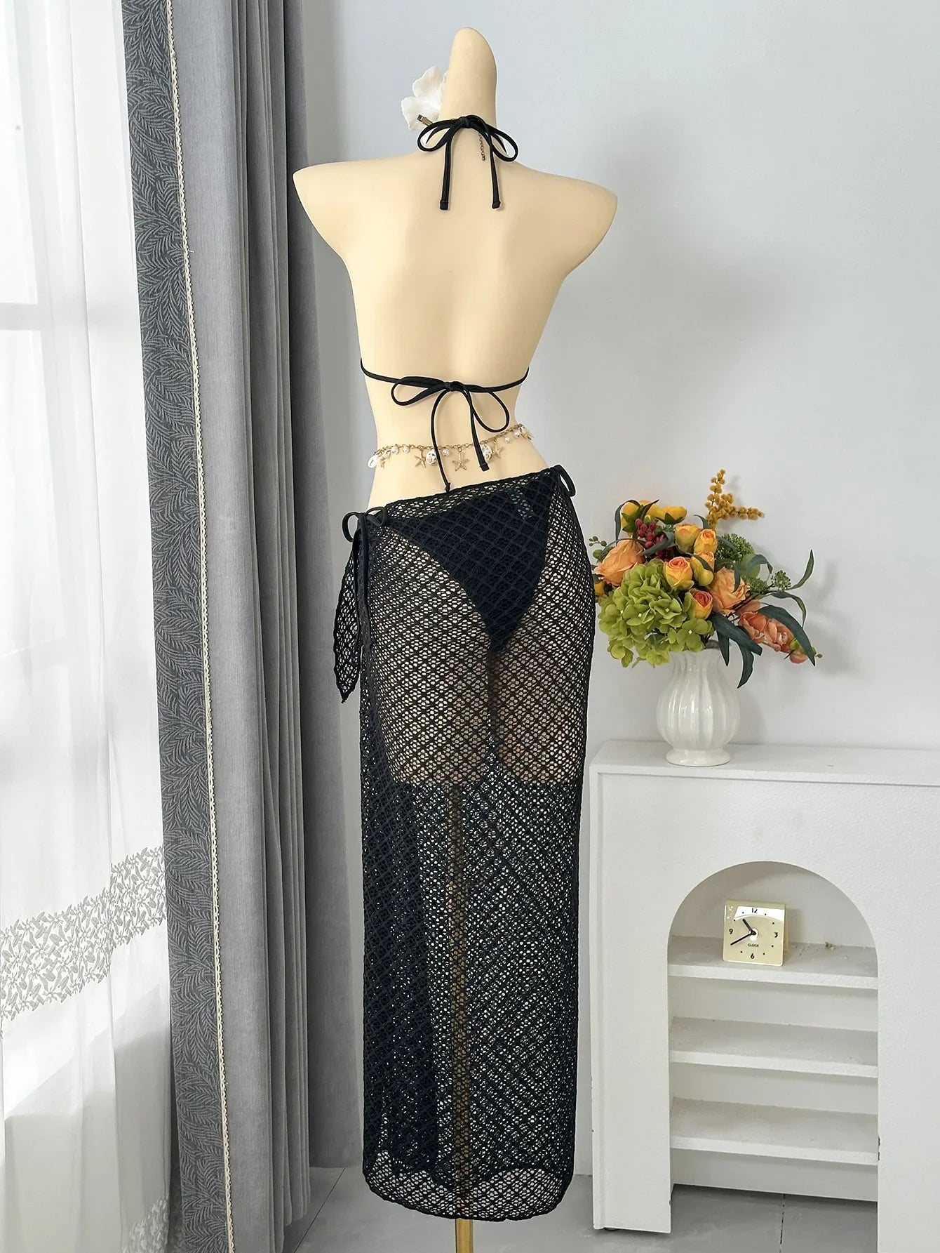 Vintage Beige Black Mesh Skirt 3 Piece Bikini Set 2026 Women Metal Chain Strap Push Up Bra Swimsuit Beach Bathing Suit Swimwear
