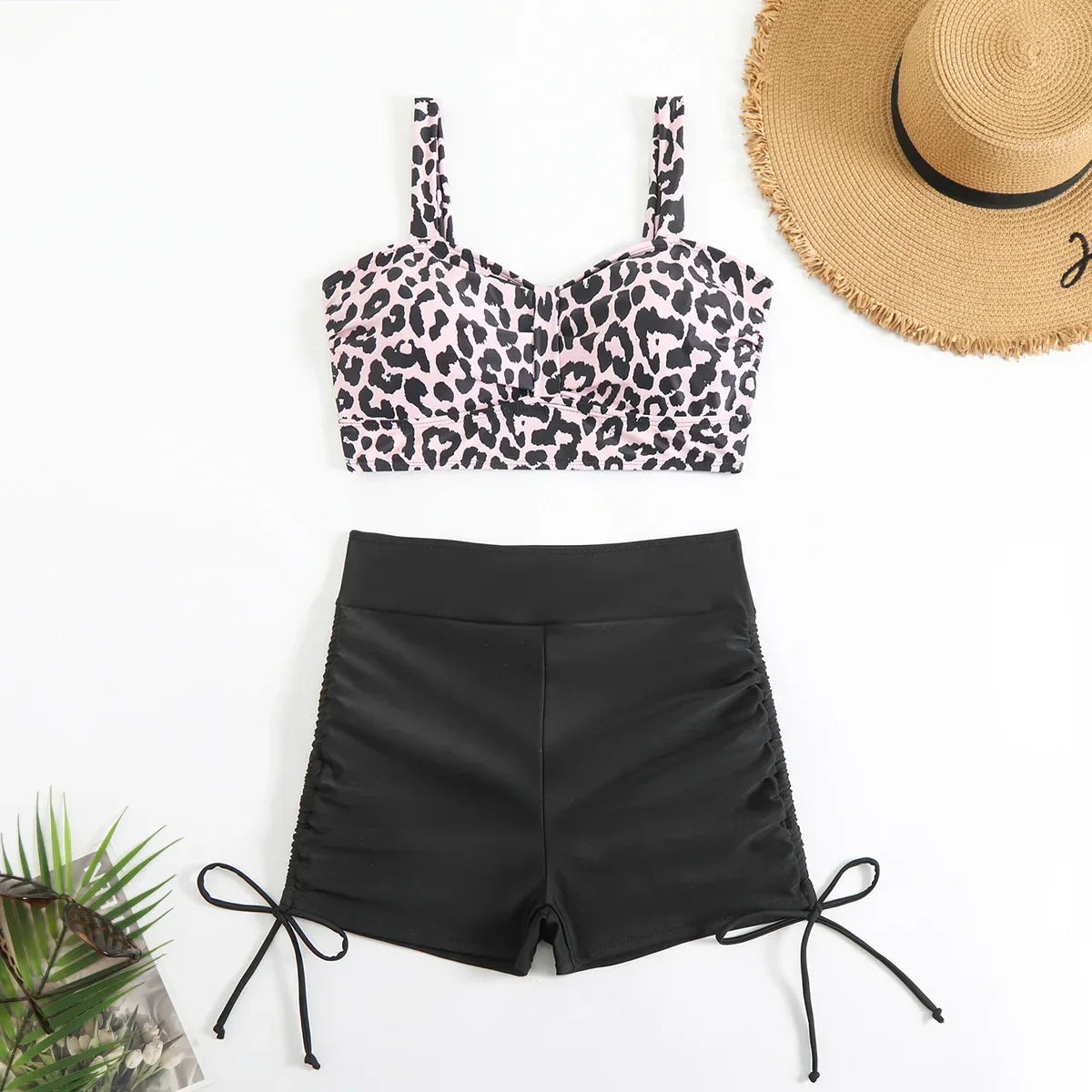 Vintage Black Leopard Print Bikini Set 2025 Women Drawstring Side High Waist Panties Swimsuit Bathing Suit Swimwear Beachwear