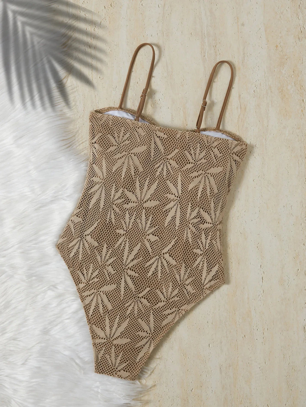 2026 Vintage Coffee Leaves Print One Piece Swimsuit Women Beaded String Hollow Out Backless Mesh Slim Fit Tummy Control Swimwear