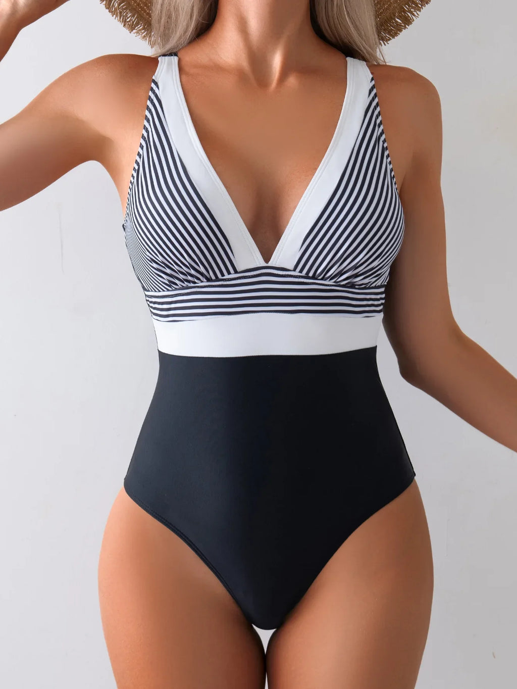 Vintage Black Striped Patchwork One Piece Swimsuit Women Deep V Neck Slim Tummy Control Swimwear Beach Backless Bathing Suits