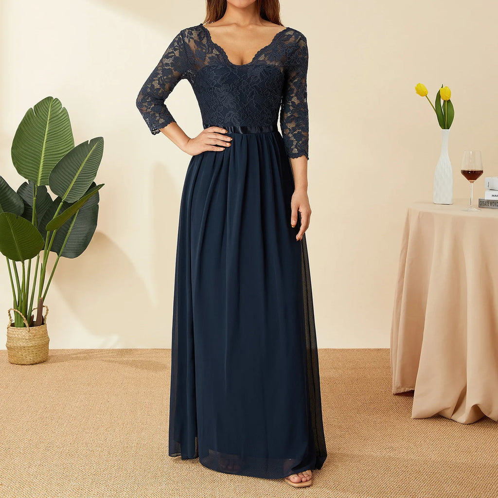 Elegant Lace Chiffon A-Line Long Dresses Women Wedding Dress Bridesmaid Dresses V-neck Mid-Sleeve Backless Zipper Female Dress