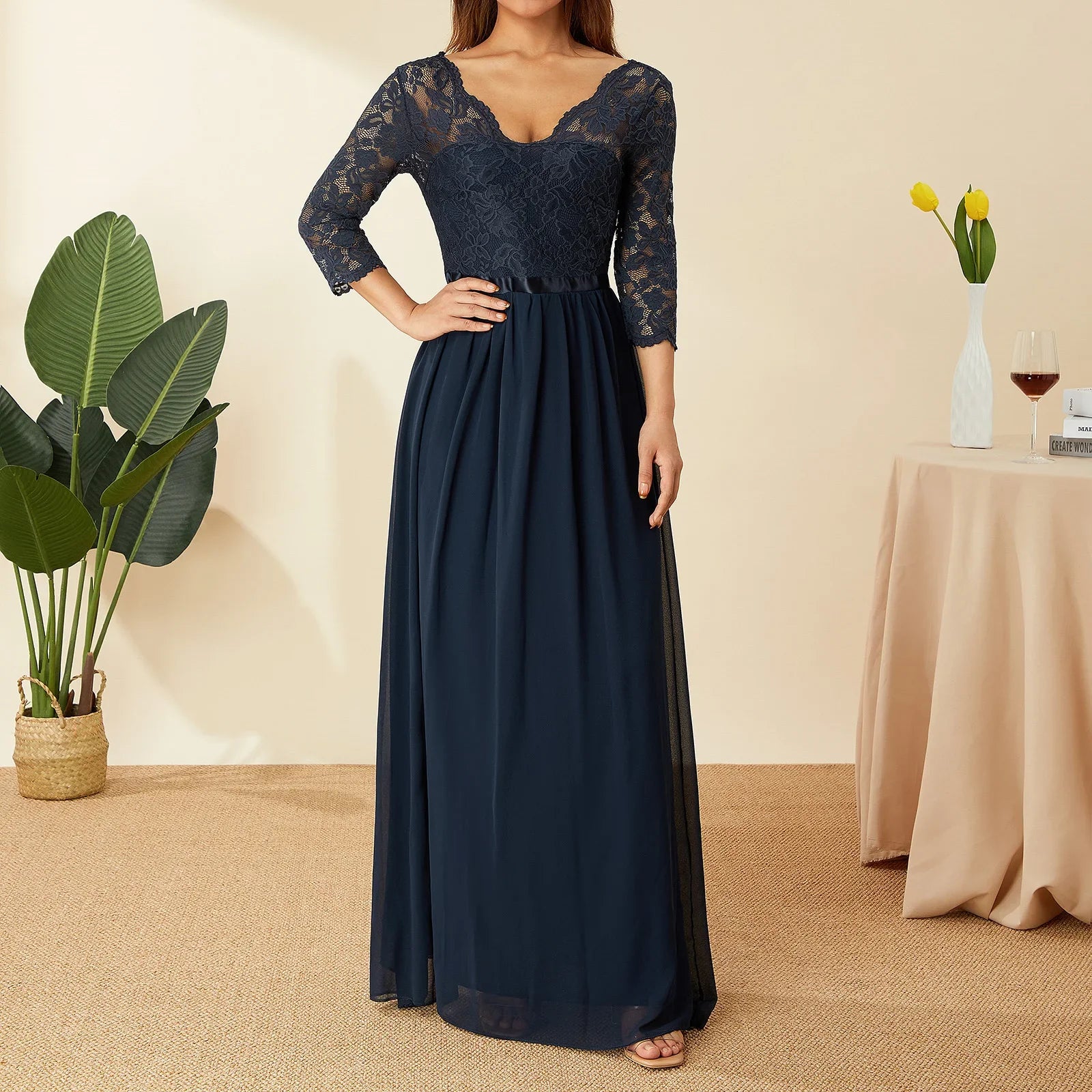 Elegant Lace Chiffon A-Line Long Dresses Women Wedding Dress Bridesmaid Dresses V-neck Mid-Sleeve Backless Zipper Female Dress