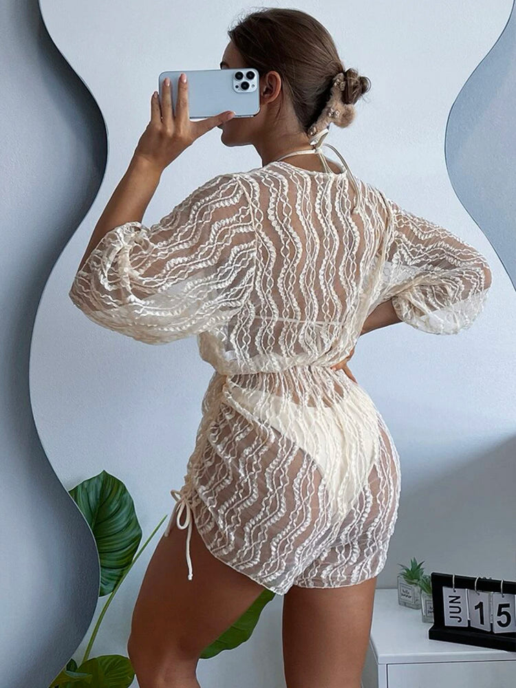 2024 3PCS Lace Hollow Out Bikini For Women Sexy Swimwear Female Pleated Cover Up Swimsuit Beach Wear New Brazilian Bathing Suit