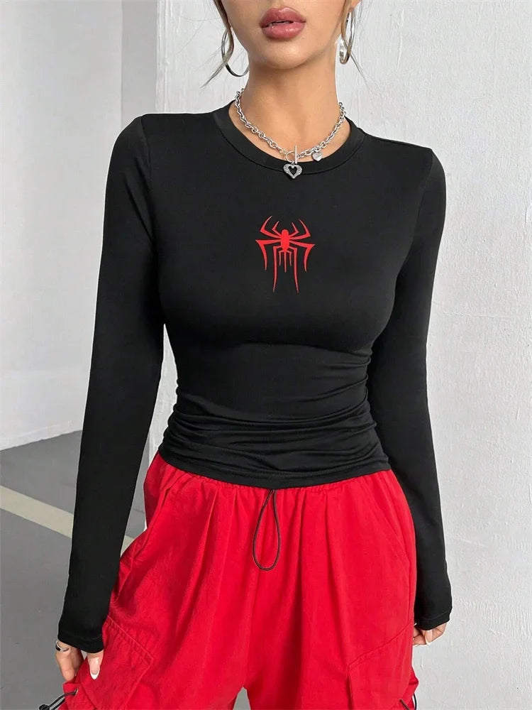 Women Spider Print Round Neck Long Sleeve Crop Tee Top Autumn Winter Spring Y2K Clothes Slim fit T-shirt