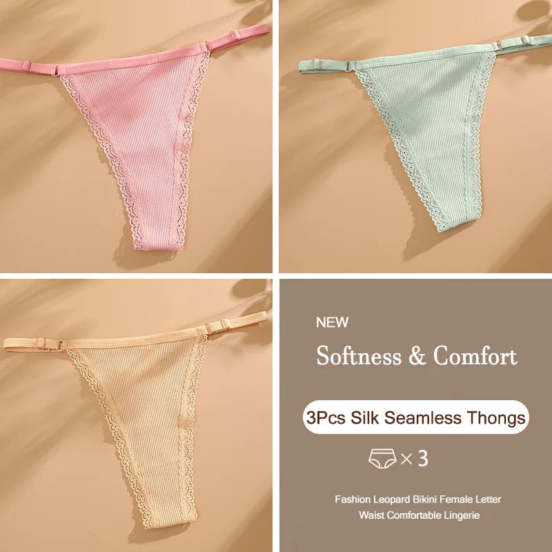 3Pcs/Set Cotton G-String Sexy Women Thong Adjustable Belt Seamless Panties Breathable Low Waist Lingerie Female Soft Solid Color