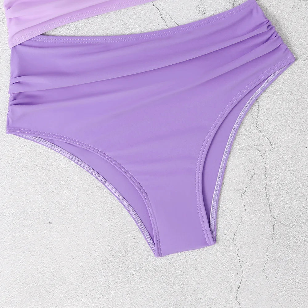New Shiny Purple Contrast Swimsuit 2025 Women Halter Hollow Out Patchwork One Piece Swimwear Beach Bathing Suit Pleate Monokini