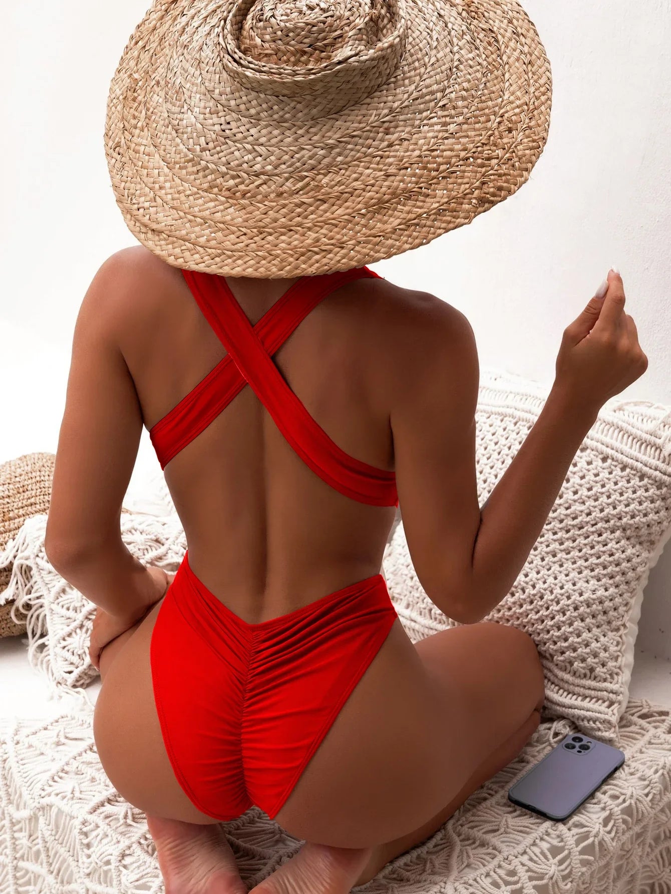 Deep V Neck One Piece Swimsuit Women Solid Red Black Criss Cross Backless Pleate Thong Bikini 2026 Beach Bathing Suit Swimwear