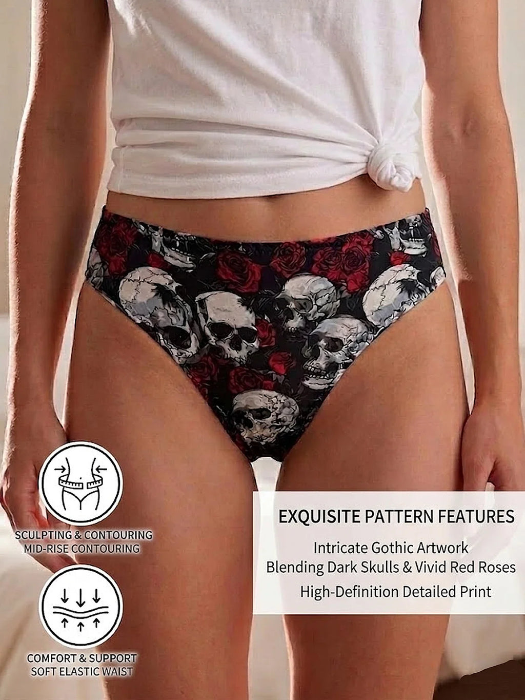 Stylish Mid-Rise Women Panties Gothic Skull Seamless Underwear Soft Breathable Rose Print Female Briefs