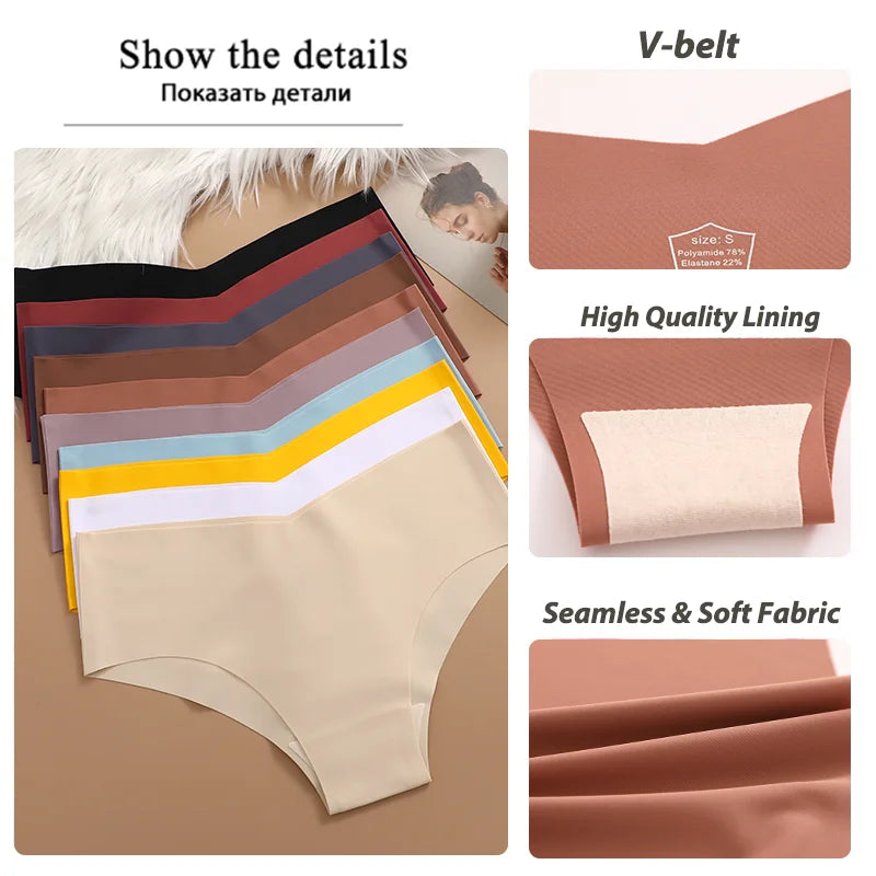 3PCS Women's Seamless Maillard Underwear Sexy V-Shaped Mid Waist Ice Silk Briefs 10 Soild Color Cozy Stretch Sexy Underpant S-XL