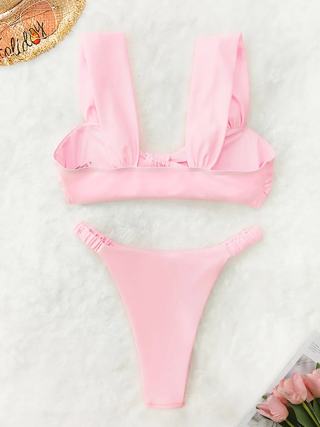 2026 Swimwear Women Halter Low Cut Bikini Set Solid Pleated Split Swimsuit Sexy Thongs Summer New Holiday Bathing Suit
