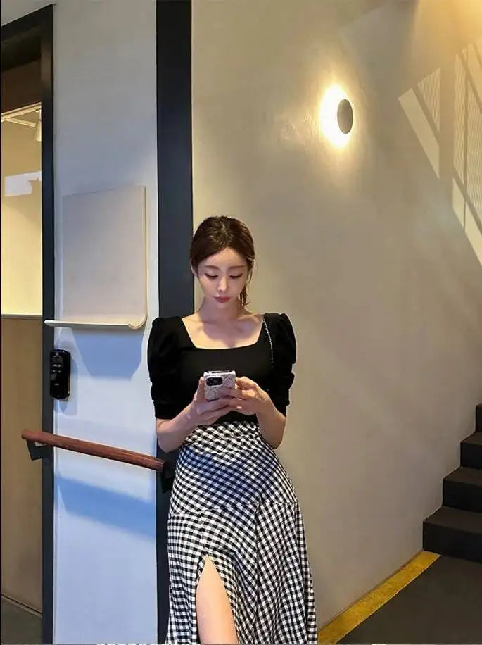 WOMENGAGA Korea Style 2023 Spring/Summer New High Waist Elegant Split Plaid Skirts Half Length Skirts Fashion Women 2023 22IV