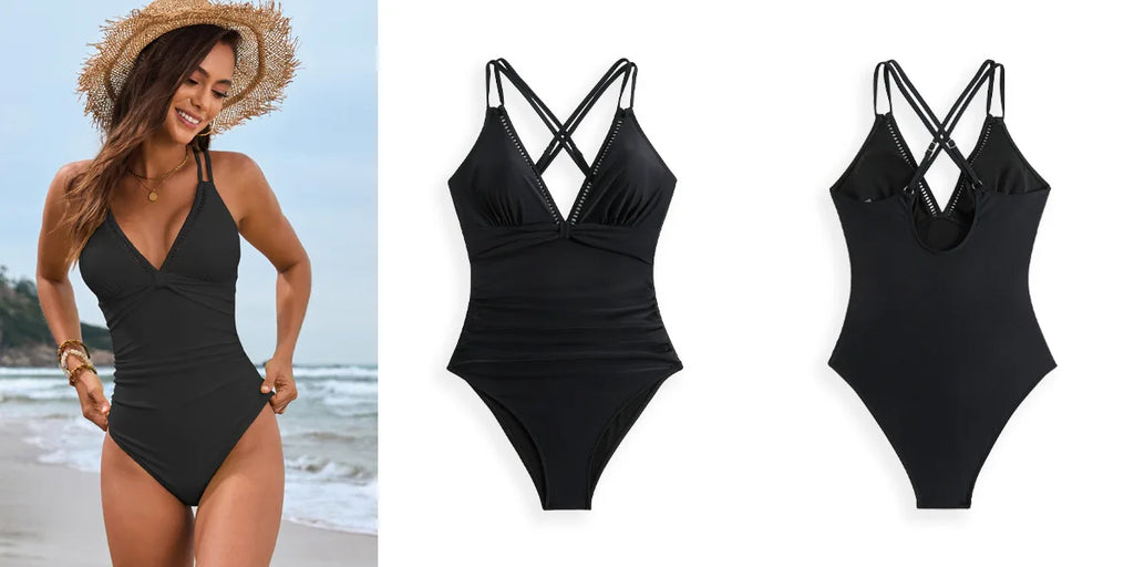 Sexy Yellow Swimwear Women 2025 Deep V Neck Slimming Pleate Tummy Control One Piece Swimsuit Beach Bathing Suit Holiday Monokini