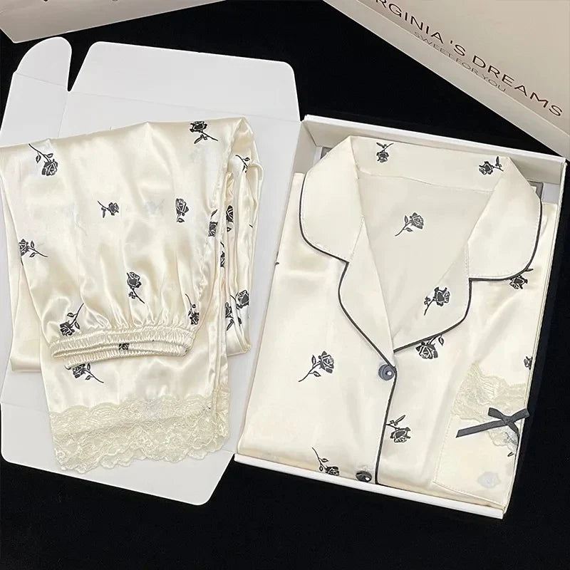 High Quality Ice Silk Light Luxury Pajamas Women's Pajama Spring and Autumn Style Long Sleeve Home Set Satin Nightwear Sleepwear