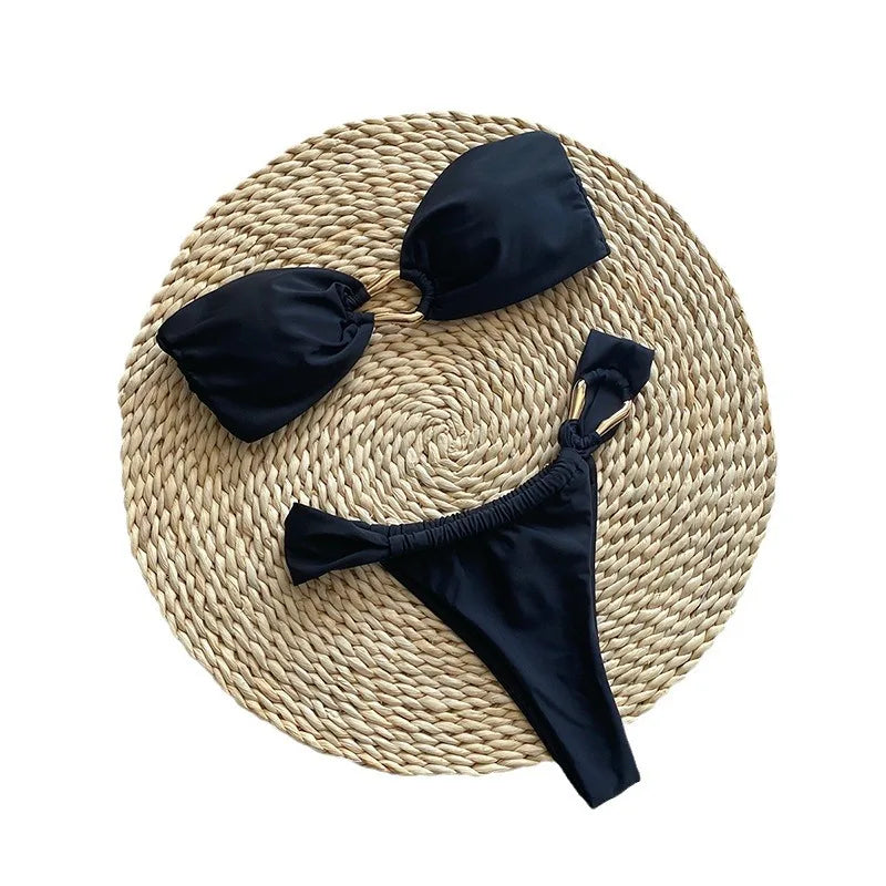 2026 New Sexy Push Up Low Waisted Bikini Set Swimsuit Female Swimwear Women Strappy Solid Black Beachwear Bathing Suits biquini