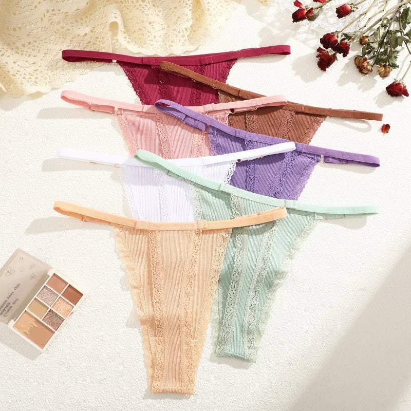 4Pcs Cotton Lace Panties Sexy G-String Women's Underwear Low Waist Comfortable Lingerie Briefs Adjustable Waist Thong Intimates