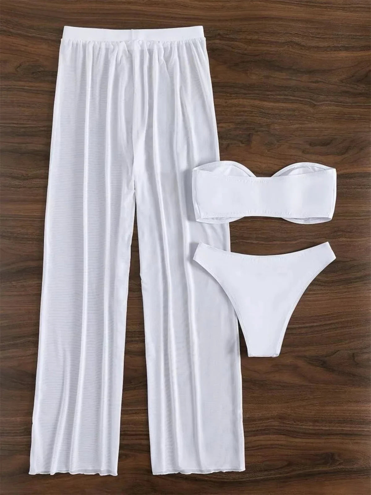 Bandeau Bikini 2024 Women Sexy White Cut Out V Bra Mesh Long Panties 3 Piece Swimsuit Beach Bathing Suit High Waist Swimwear