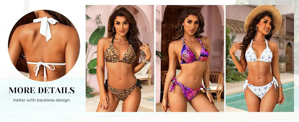 2026 Print Sexy Bikini Sets Halter Lace-up Tops Thongs Beach Style Bathing Suit Y2k Swimsuits Women Beachwear Купальник Женский