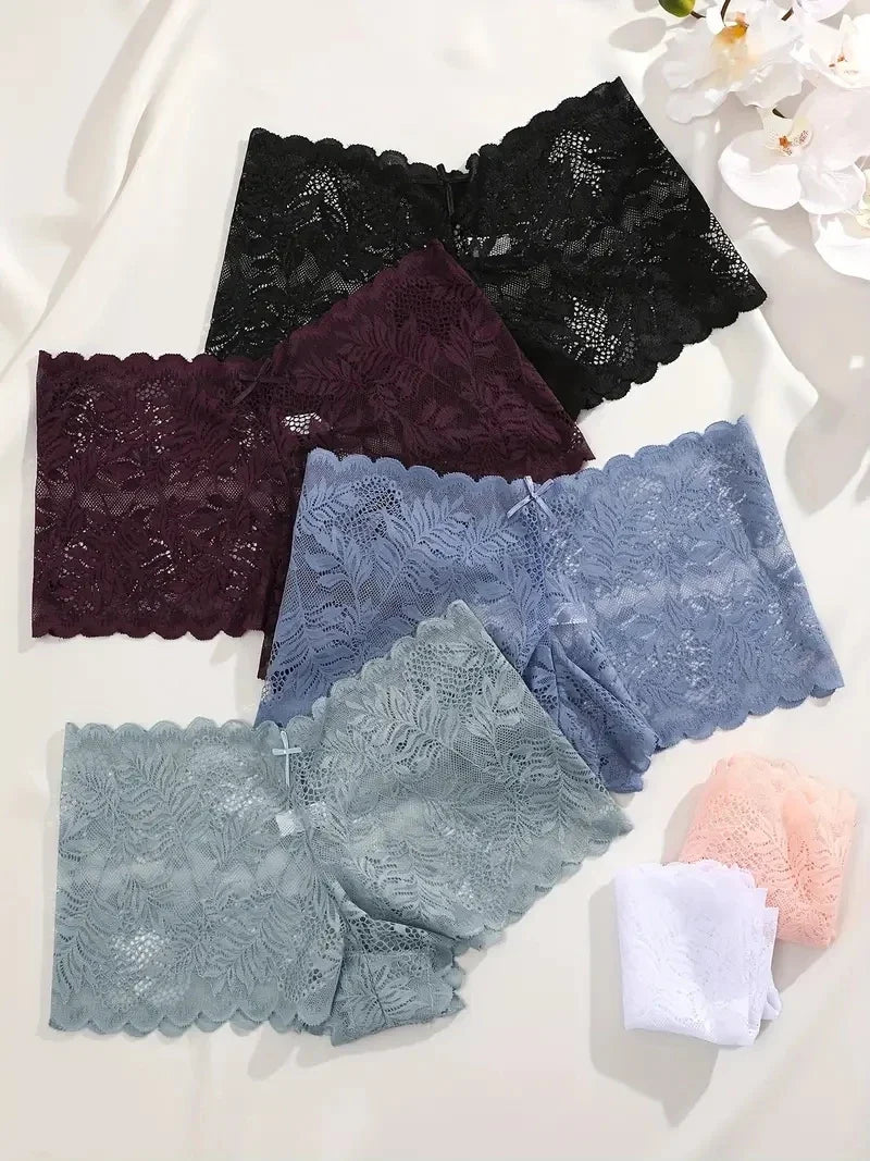 6PCS Women Lace Boxers Briefs Sexy Seamless Breathable Low Waist Female Underwear Solid Color Intimates High Elastic Lingerie