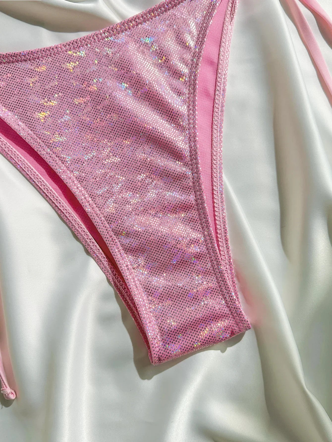 Shiny Pink Bikini 2025 Women Sexy Brozing Tie Bow Strap Push Up Micro Swimsuit Brazilian Bathing Suit Tie Side Triangle Swimwear