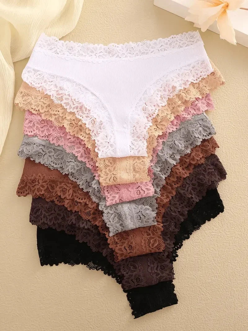 3Pcs Women Cotton Brazilian Pants Sexy Lace Brazilian Briefs Low Waist Floral Solid Color G-string Breathable Soft Lingerie