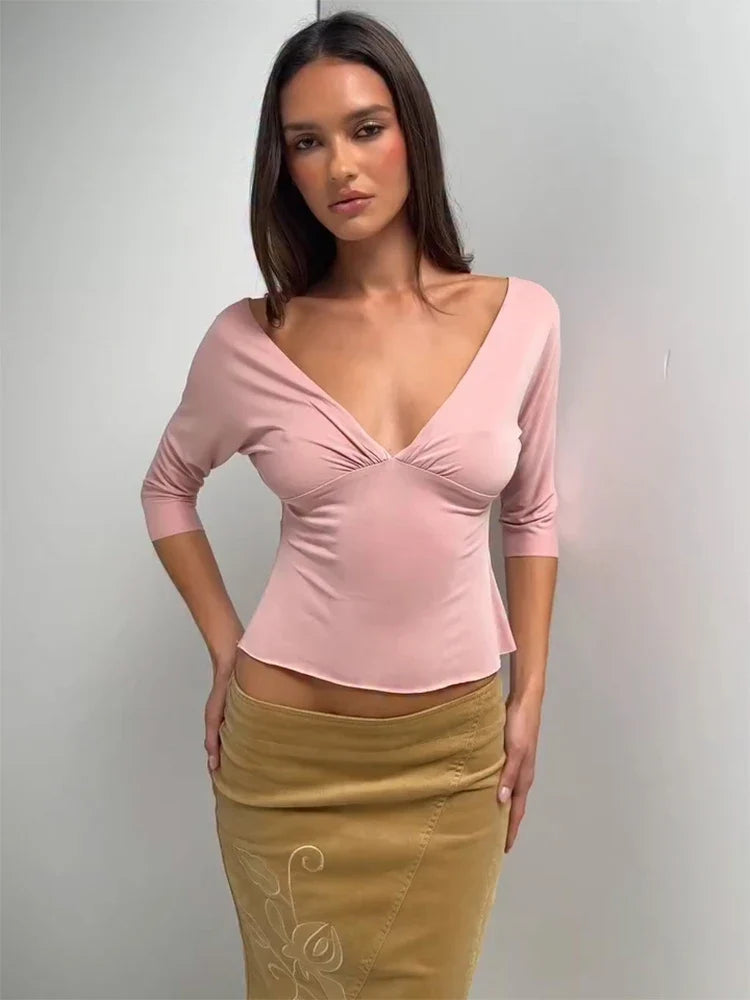 Trendix V Neck Slim Long Sleeve Tops Women 2026 Spring Casual Vintage Bodycon Pullover Top Party Retro Office Basic Backless Top