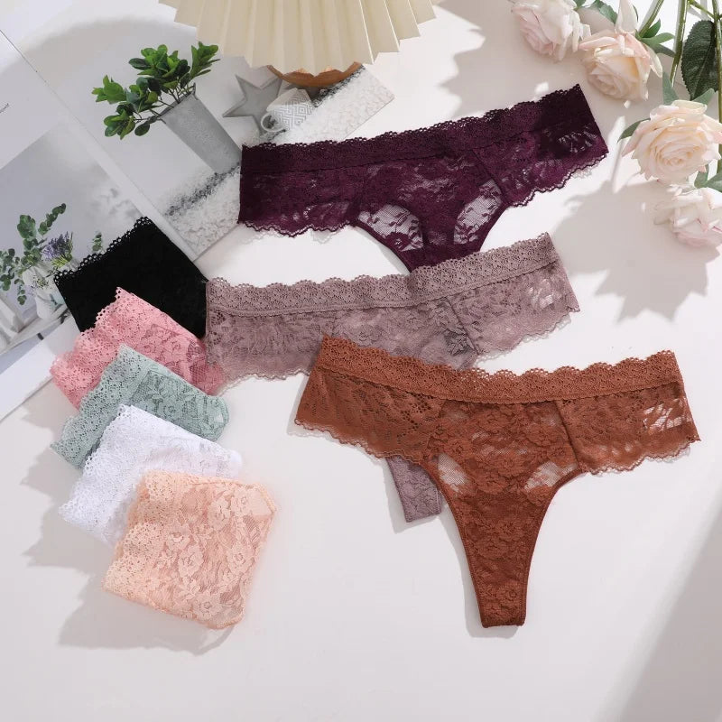 3Pcs Lace Sexy Thongs Women Low-Rise Briefs Sexy Soft Ladies Underwear Trendy Floral Underpants Female Flowery Panty Lingerie