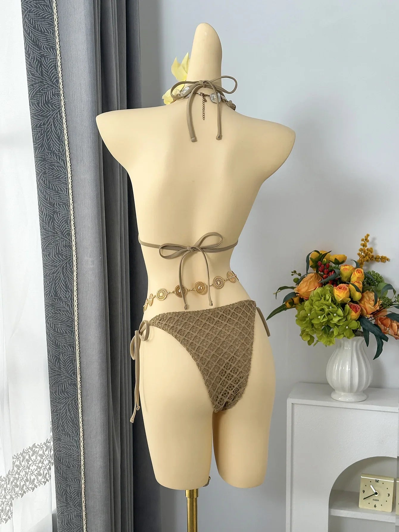Vintage Beige Black Mesh Skirt 3 Piece Bikini Set 2026 Women Metal Chain Strap Push Up Bra Swimsuit Beach Bathing Suit Swimwear