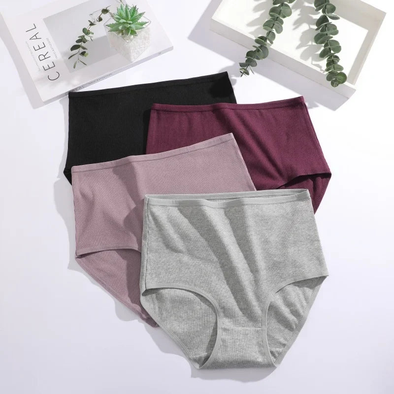 3Pcs women cotton High Waist underwear breathable Striped Panties Female Plus Size Solid Color Briefs comfortable Lingerie S-XXL
