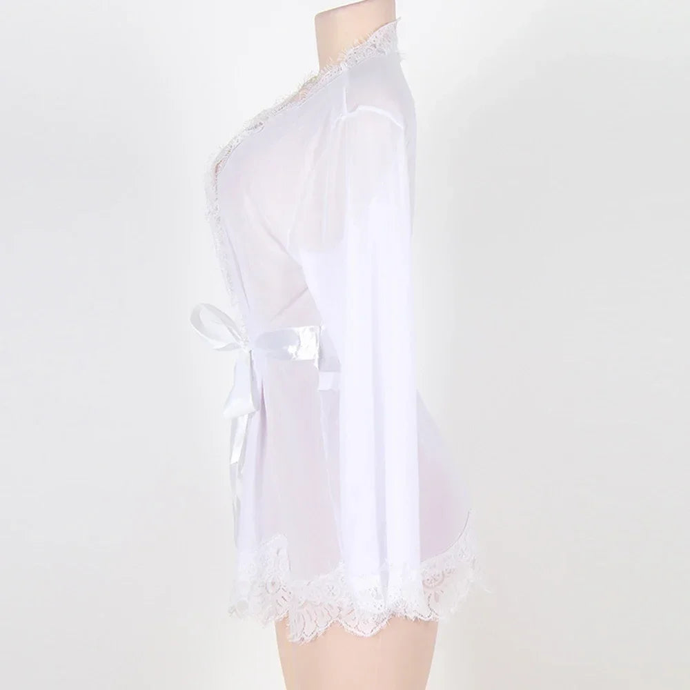 Sexy Lingerie Women Nightgown Black Lace Transparent Mini Dress with Belt and Panties Set Nightwear Sleepwear