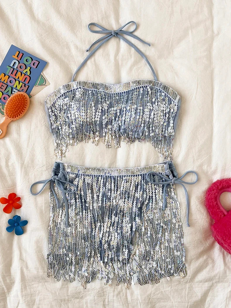 Shiny Glitter Bikini Set 2025 Women Sexy Bandeau Push Up Sequin Tassel Swimsuit Ladies Beach Bathing Suit High Waist Swimwear