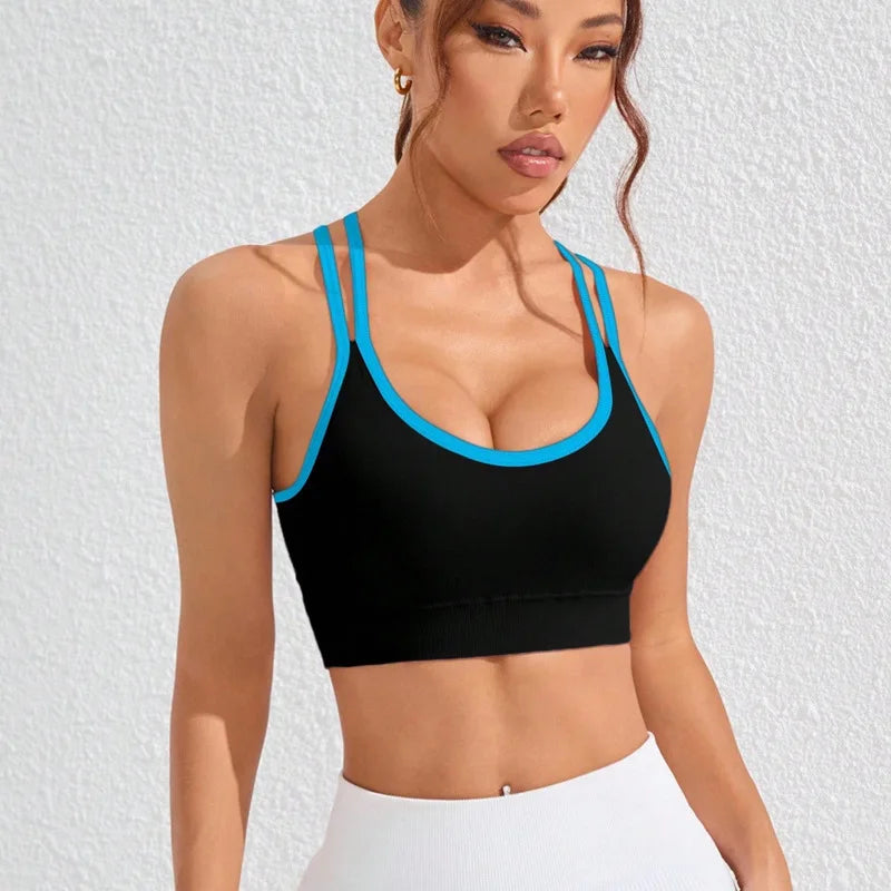Color-blocked Yoga Top with Cross-straps Yoga Bra Stretchy Comfortable Breathable Sports Vest Wire-free Bra