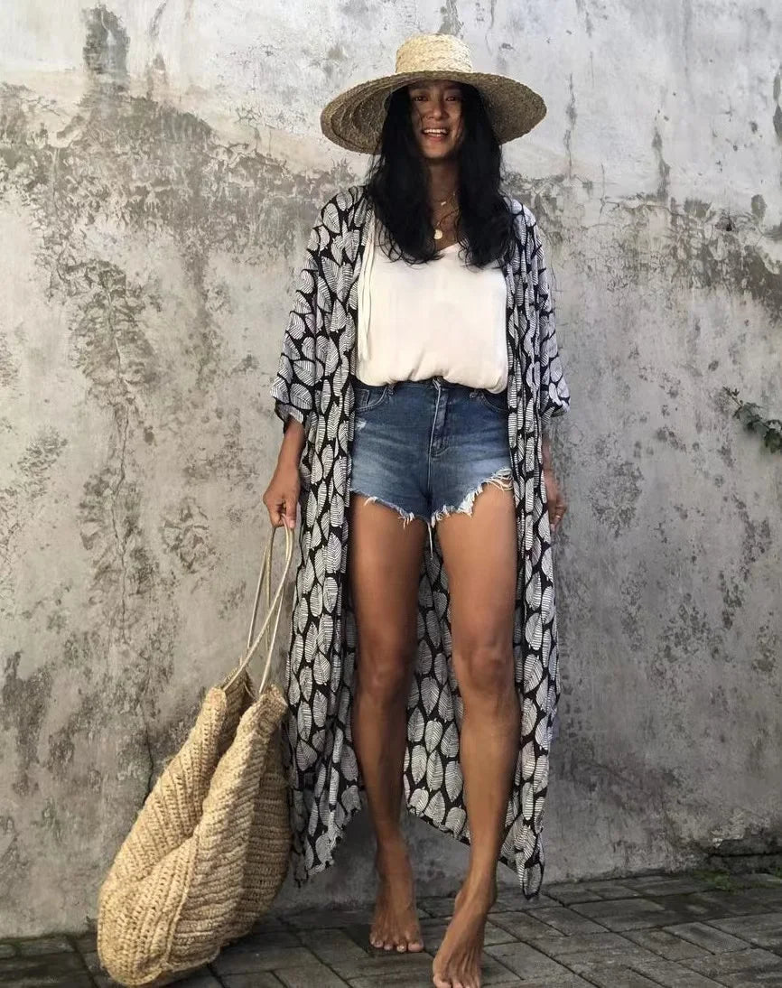2024 New Summer Sexy Beach Kimono Swimwear Cotton Cover Up Swimsuit Women Print Bikini Cover Up Beachwear Dress Robe