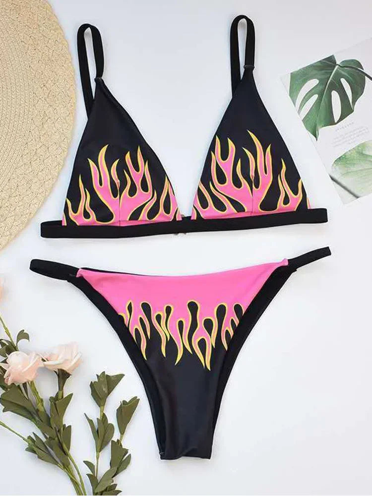 Fire Print Bikini Sexy Off Shouler Women Swimsuit Push Up Plaid Swimwear Brazilian Bikini Set Bathing Suit Trajes De Baño Mujer