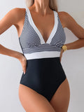 Vintage Black Striped Patchwork One Piece Swimsuit Women Deep V Neck Slim Tummy Control Swimwear Beach Backless Bathing Suits