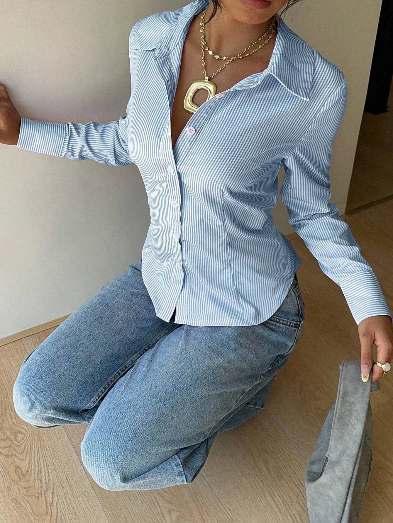 Women's Elegant Back Tie Design Long Sleeve Shirt Office Lady Slim Fit Stripe Turn-down Collar Blouse Spring Fall