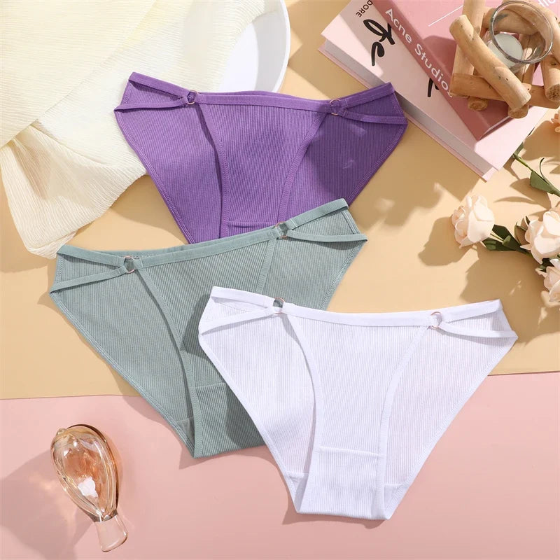 3Pcs Women Cotton Lingerie Sexy Soft Fashion Panties Femme Buckle Design Underwear Pantys Underpant Lingerie Lace Intimates S-XL
