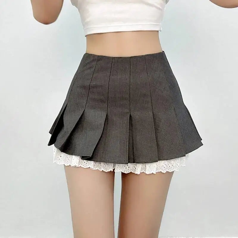 Summer New Leisure Lace Splicing Short Skirt Women Pure Desire Spicy Girl High Waist Hundred Fold A-line Half Length Skirt 7V01
